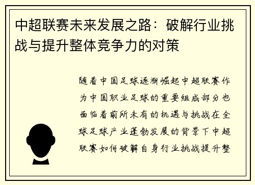 中超联赛未来发展之路:破解行业挑战与提升整体竞争力的对策 中超联赛未来发展之路:破解行业挑战与提升整体竞争力的对策